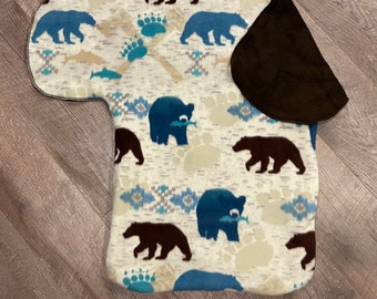 Bears and Fish BabyRoo XL- the best car seat and stroller blanket! Teal and BROWN