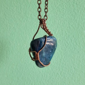 Blue Apatite, Wire Wrapped Crystal, Crystal Pendant, Throat Chakra, Polished Stone, Healing Necklace, Past Life, Akashic Records