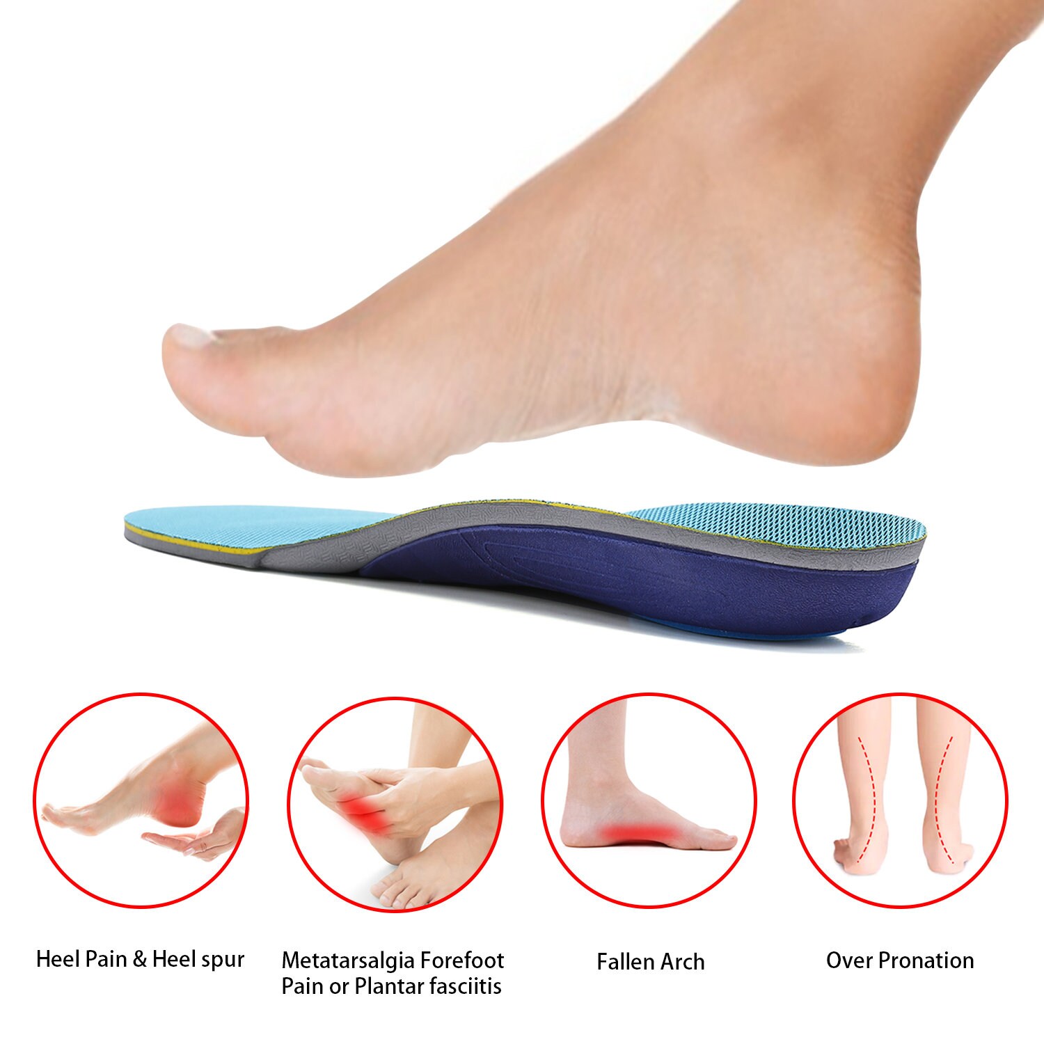 High Arch Support Orthotic Insoles For Plantar Fasciitis - Men/Women, Firm Foot Pain Relief