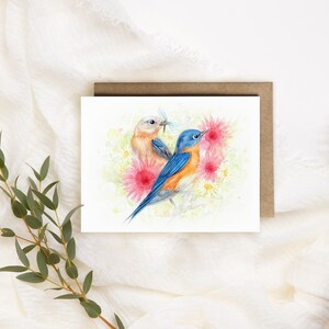 Carte de souhaits / illustration de Merles Bleus / illustration d'oiseaux / carte vierge / aquarelle (tx incluses)