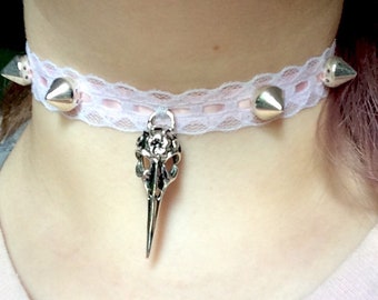 Adjustable Handsewn Spiked Pink and White Lace/Ribbon Bird Skull Choker, Pastel Goth, Accessories, Jewelry