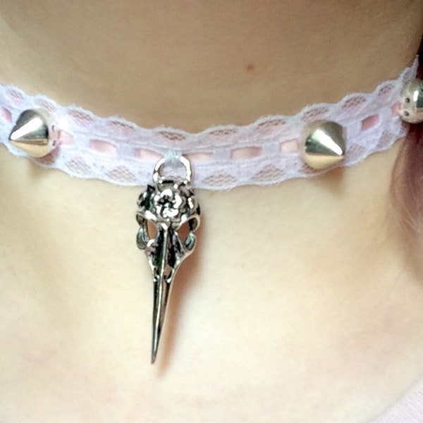 Adjustable Handsewn Spiked Pink and White Lace/Ribbon Bird Skull Choker, Pastel Goth, Accessories, Jewelry