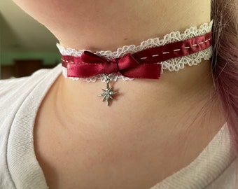 Sparking Star Choker With Deep Red Ribbon And White Lace And Hand Sewn Details