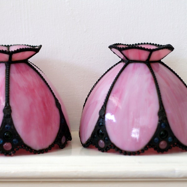 Pair of Vintage Tulip Shape Pink Hanging Lamp Shades, Panelled Slag Glass Ceiling Swag Lamp Shade, Stained Glass, Shabby Chic Home Decor