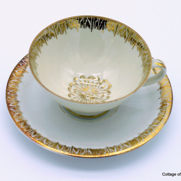 Antique 19th Century German Porcelain Teacup with Saucer in White with Transferware Gold Decoration, Fine Quality Light Translucent China