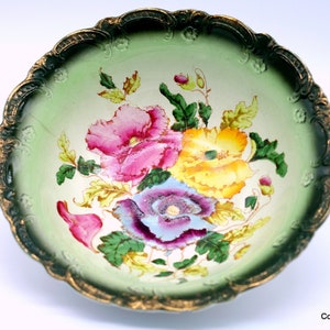 Antique semi-porcelain green decorative bowl featuring poppies made by James Kent Old Foley Pottery, Fine Art Ceramics Collectible Bowl