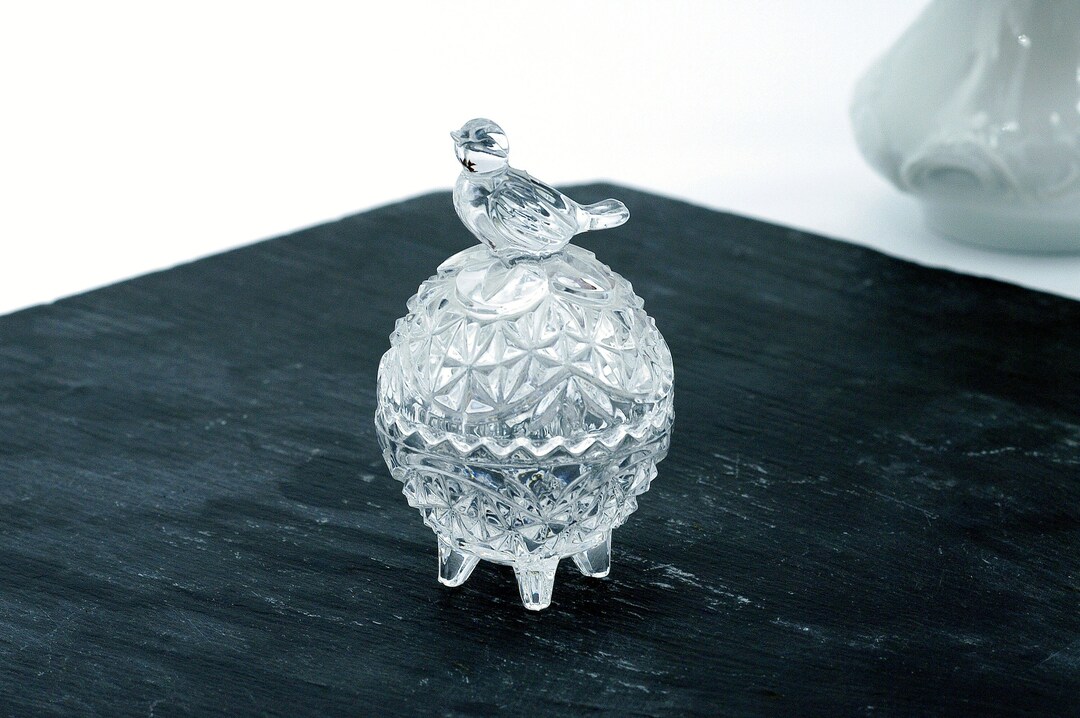 Vintage Crystal Eggshaped Jewellery Box With Bird Finial From the 1990