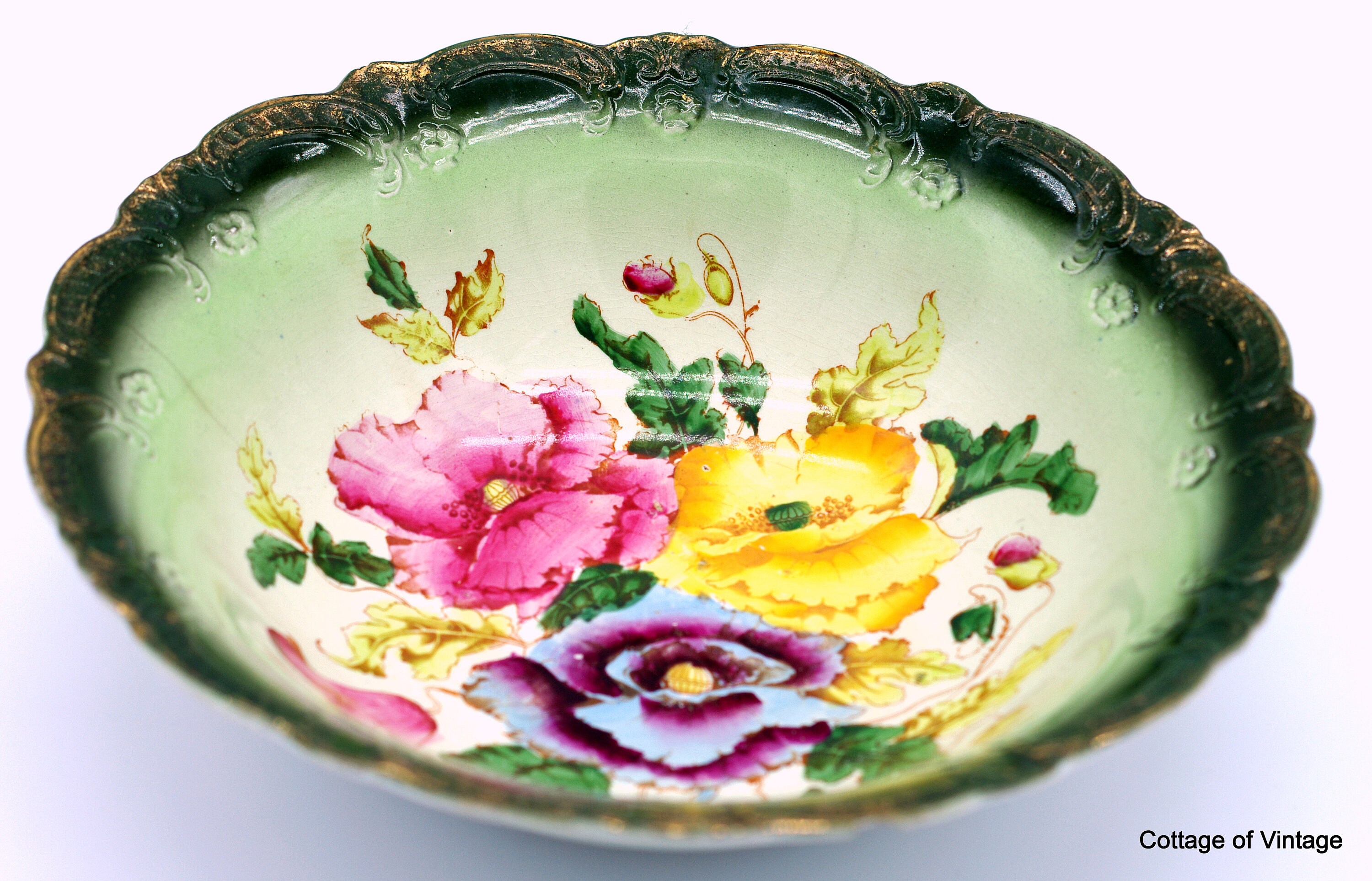 Antique Semiporcelain Green Decorative Bowl Featuring Poppies Etsy UK