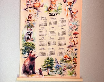 Kalender theedoek 2027, bosdieren, linnen-katoenmix