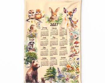 2027 Calendar Tea Towel, Woodland Animals Linen Cotton Blend