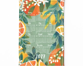 2027 Calendar Tea Towel, Tea towel Orange Citrus illustration, Eco friendly home office décor, ready to ship