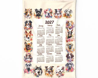 2027 Dog Calendar Tea Towel, Linen Cotton Blend, Gift for Dog Lover