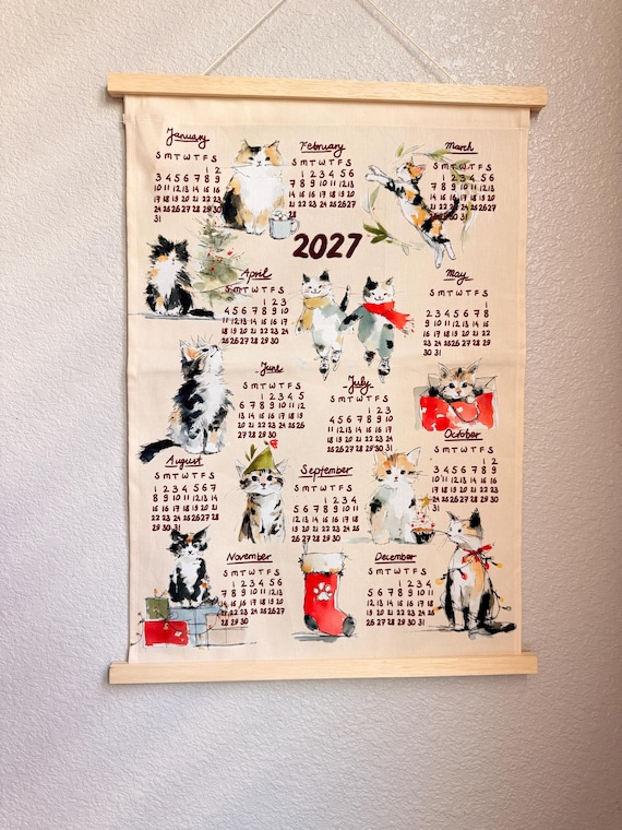 2027 Cat Calendar Tea Towel, Linen Cotton Home Décor, Gift for Cat Lover
