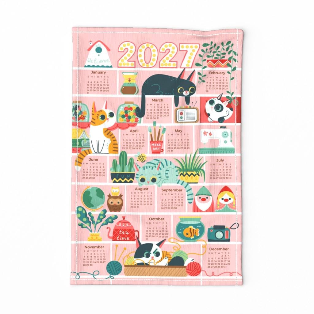 2027 Calendar Tea Towel, Tea towel Cat illustration, Eco friendly home office décor, Magnetic wooden poster hanger, Ready to ship