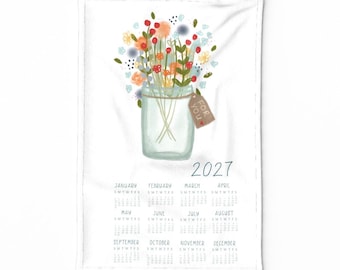 Simple Floral 2027 Calendar Tea Towel, Tea towel Floral illustration, Eco friendly home office décor, Magnetic wooden poster hanger