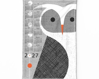 2027 Calendar Tea Towel, Tea towel Owl  illustration, Eco friendly home office décor, ready to ship, Gift for Owl lover
