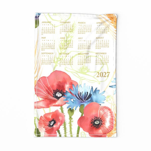 2027 Calendar Tea Towel, Tea towel Watercolor Poppies illustration, Eco friendly home office décor, ready to ship