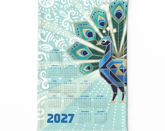 2027 Calendar Wall Hanging, Tea towel Peacock illustration, Eco friendly home office décor, Vintage Christmas gift ideas