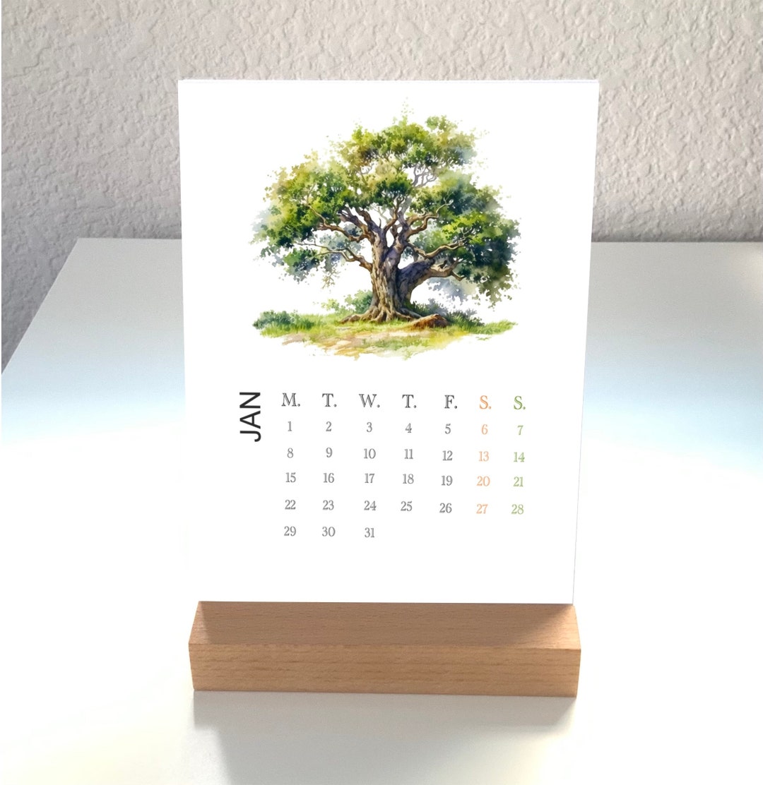 2024 Desk Calendar With Wooden Stand, Desk Calendar Trees Illustration