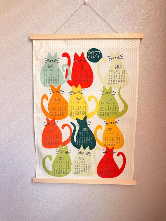 2027 Cat Calendar Tea Towel, Linen Cotton Blend, Eco-Friendly Home Décor
