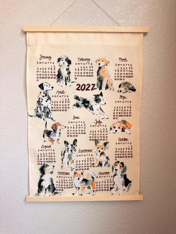 2027 Dog Calendar Tea Towel, Linen Cotton Blend, Eco-Friendly Home Décor