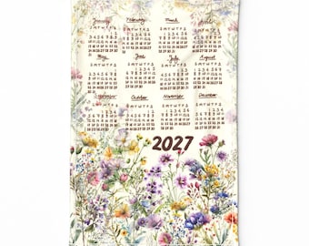 2027 Calendar Tea Towel, Tea towel Spring floral illustration, Eco friendly home office décor, ready to ship, Gift for Spring floral lover