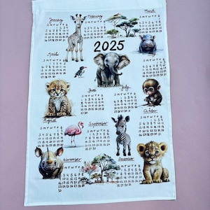 2025 Calendar Tea Towel, Tea towel Safari animal illustration, Eco friendly home office décor, ready to ship, Gift for Safari animal lover