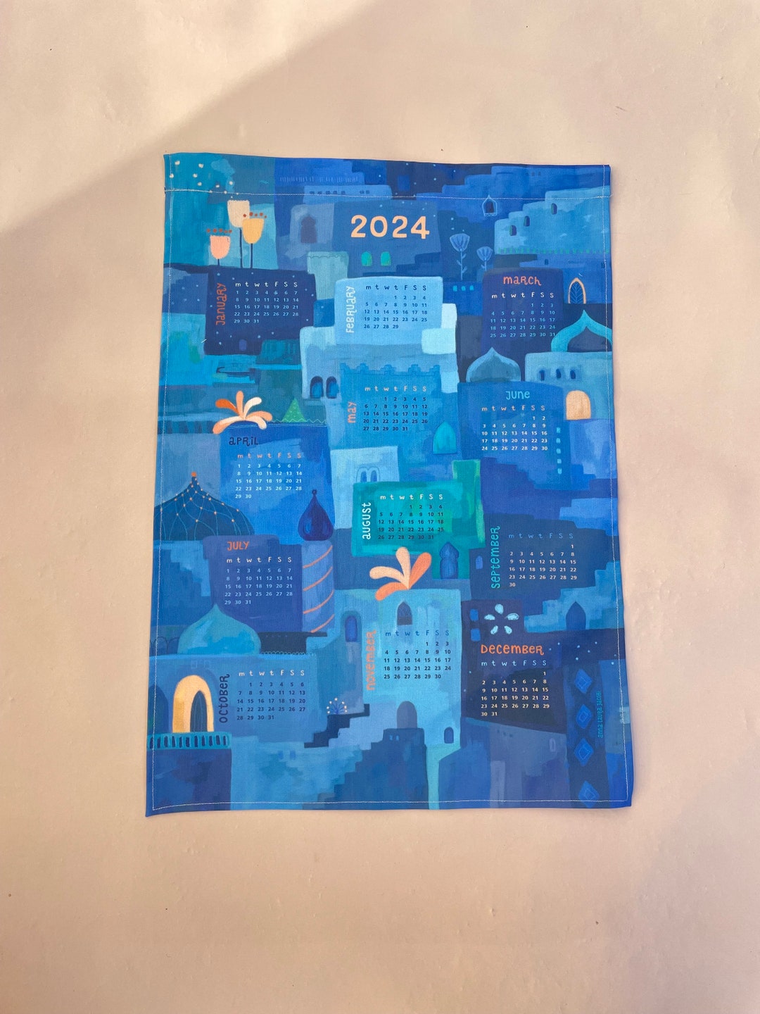 2024 Calendar Tea Towel, Tea Towel Blue Building Illustration, Eco