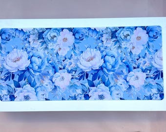 Blue floral desk pad, Large desk pad, Gift for her, Gift for floral lover, 35x15 large desk mat,