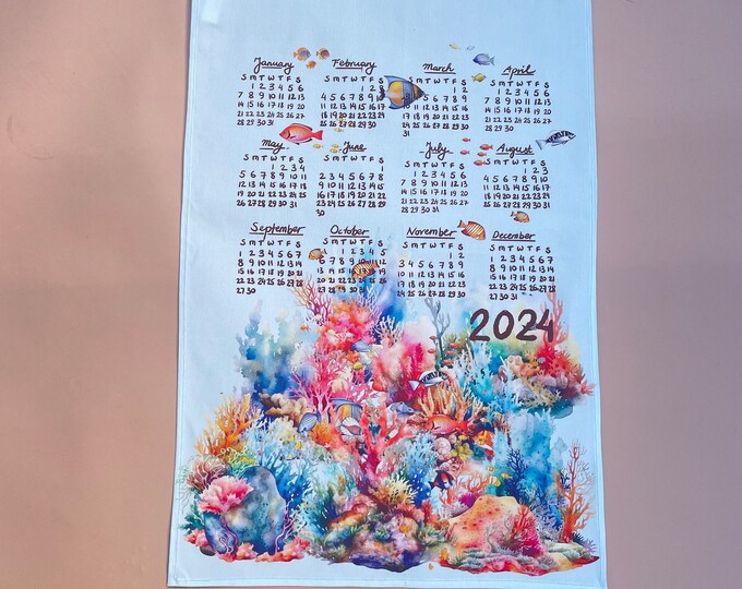 2024 Calendar Tea Towel, Tea Towel Coral Illustration, Eco Friendly