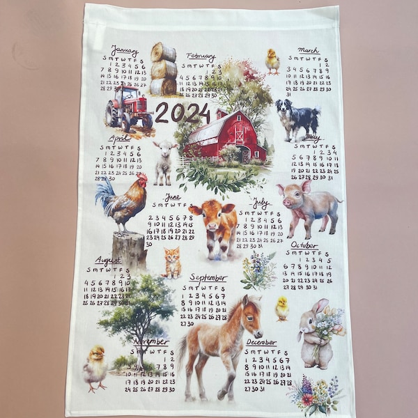 2024 Calendar Tea Towel, Tea towel Farm illustration, Eco friendly home office décor, ready to ship, Gift for farm animal lover