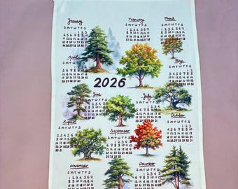 2026 Calendar Tea Towel: Linen Cotton Blend, Tree Illustration, Gift for her