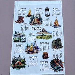 2025 Calendar Tea Towel, Tea towel Camping illustration, Eco friendly home office décor, ready to ship, Gift for outdoor lover