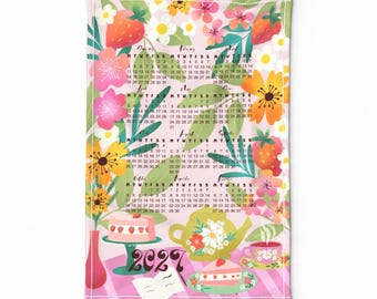 2027 Calendar Tea Towel, Tea towel tea time and floral  illustration, Eco friendly home office décor, ready to ship, Gift for mom