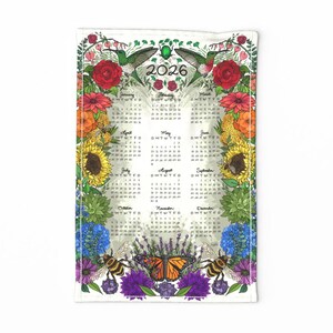 Floral frame 2026 Calendar Tea Towel, Tea towel floral illustration, Eco friendly home office décor, Gift for mom, Gift for floral lover