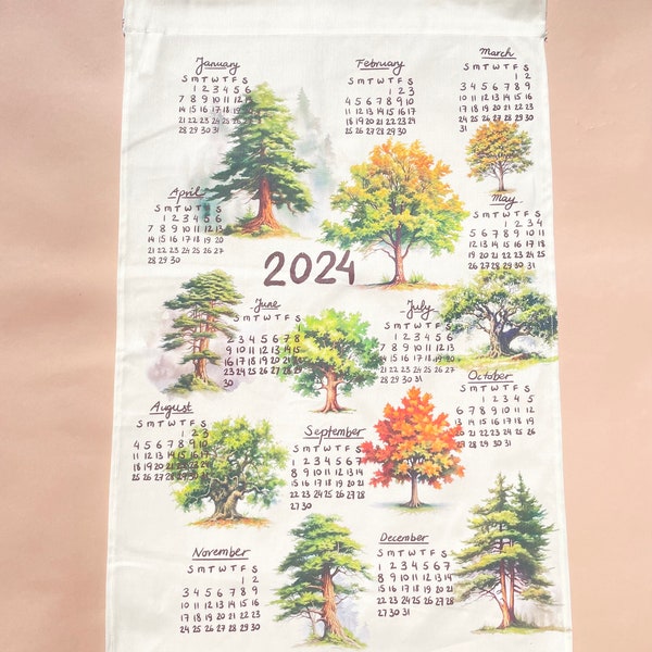 Toalla de té del calendario 2024, Ilustración de árboles de toalla de té, Decoración ecológica de la oficina en el hogar, listo para enviar, Regalo para los amantes de los árboles