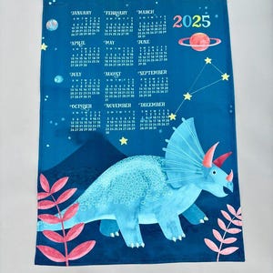 2025 Calendar Tea Towel, Tea towel dinosaur illustration, Eco friendly home office decor, ready to ship