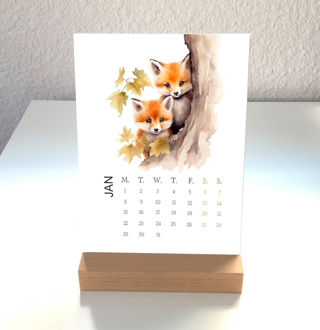 2024 Desk Calendar With Wooden Stand, Desk Calendar Fox Illustration