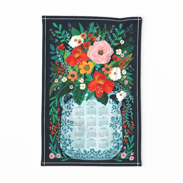 2026 Calendar Tea Towel, Tea towel floral illustration, Eco friendly gift for mom, ready to ship, Gift for Floral lover, Vintage Christmas