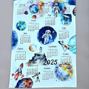 2025 Calendar Tea Towel, Tea towel Space illustration, Eco friendly home office décor, ready to ship, Gift for Astronaut lover