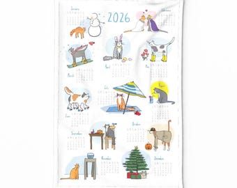 2026 Calendar Tea Towel, Tea towel Cat illustration, Eco friendly home office décor, ready to ship, Gift for Cat lover