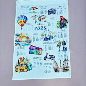 2025 Calendar Tea Towel, Tea towel Travel illustration, Eco friendly home office décor, ready to ship, Gift for traveler