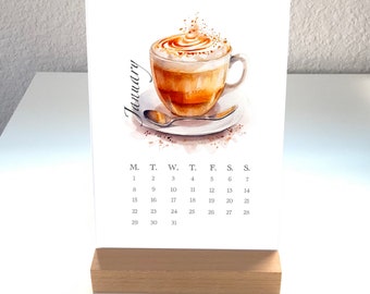 2024 Desk calendar with wooden stand, Desk calendar Coffee illustration, Gift for Coffee lover