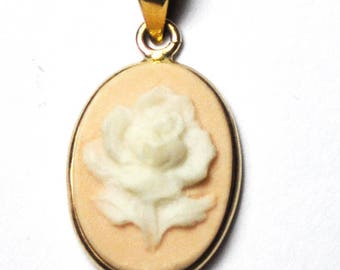 Yellow Gold 10k Pink Synthetic Cameo Rose Flower Pendant Enhancer 22mm GTR