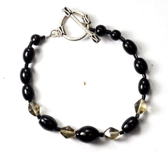 Silver Plate Black and Clear Bead Toggle Bracelet… - image 1
