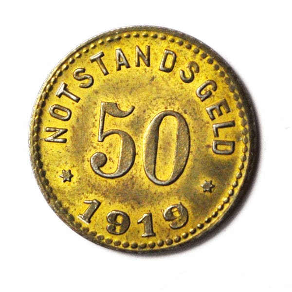 1919 German Stadt Sinzig 50 Notstandsgeld Brass Token AU Unc