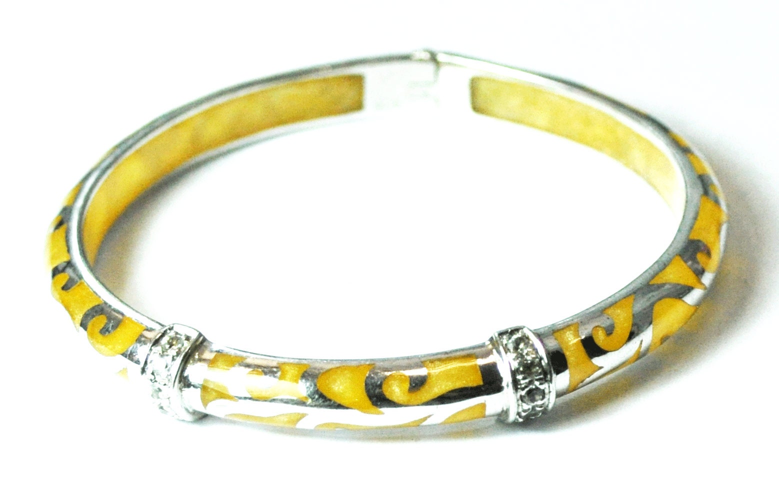 Sterling Silver Signed AP Yellow Iridescent Carved Small Bangle Bracelet 7mm