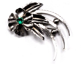 Sterling Silver Manrey Brooch Pin Green Rhinestone 60mm x 39mm Flower Leaf