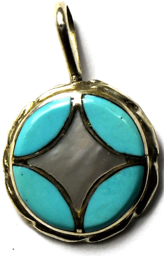 Sterling Silver MOP Turquoise Inlay Round Pendant 