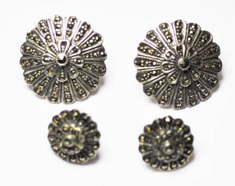Sterling Silver Hematite Floral Stepped Pedal Earrings Set 13mm and 21mm Pierced
